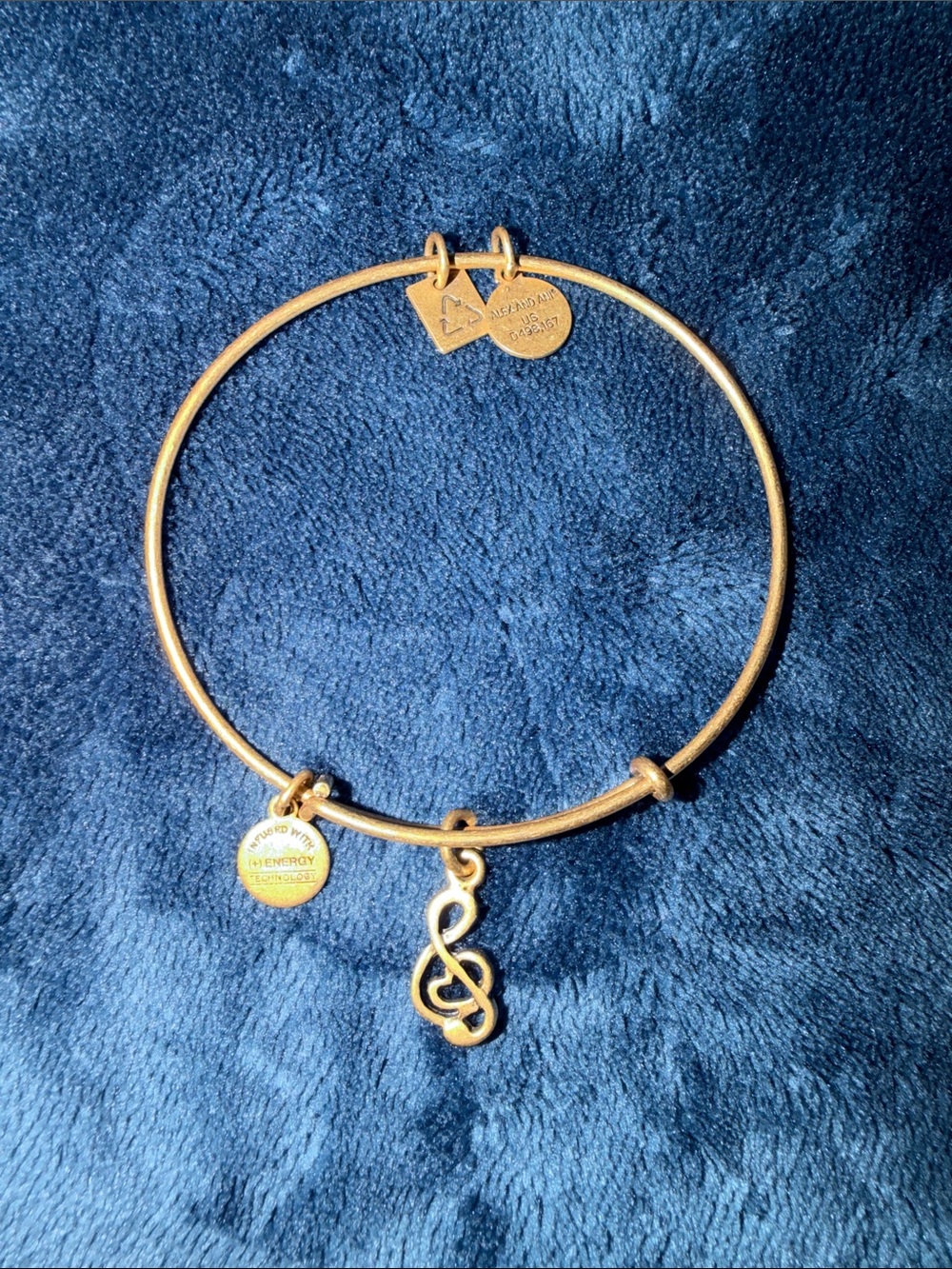 Alex and Ani Gold Treble Clef Charm Bangle Bracelet with Logo Discs
